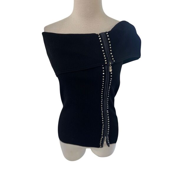 Cache Womens Ribbed Embellished Zip Up Off-The-Shoulder Knitted Top Black Small - Picture 1 of 5